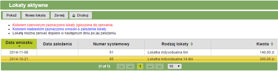 Rys 333: Formularz wniosku o założenie lokaty terminowej 362 Lokaty aktywne W celu przejścia do listy aktywnych lokat należy wybrać z menu głównego zakładkę Lokaty, a następnie Lokaty aktywne