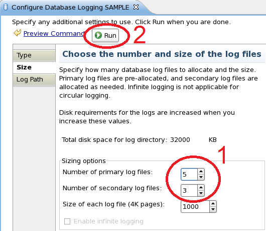 2 W oknie konfiguracji logowania można zmieniać parametry w trzech kategoriach Type, Size oraz Log Path. Przejdź do kategorii Size oraz zmień ilość plików przechowujących logi bazy danych.