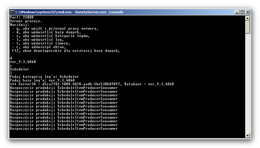 d, aby wyświetlić listę bazy danych dostępną w konfiguracji, s, aby wyświetlić bazy danych z którymi harmonogram zadań się połączył, c, aby wyświetlić kategorie logów, l, aby wyświetlić log, t, aby