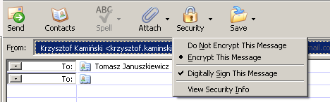 Bezpieczeństwo poczty elektronicznej Możliwości certyfikatu Podpis elektroniczny mail i załączników Szyfrowanie całej