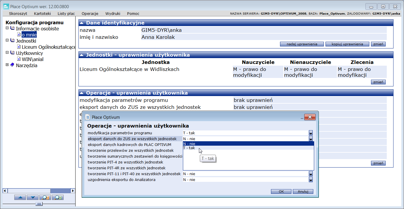 Jak przenieść dane programu Płace Optivum na nowy komputer? 8/10 4. Korzystając z przycisku zmień w sekcji Dane identyfikacyjne wprowadź swoje dane (imię i nazwisko). Zaakceptuj zmiany przyciskiem OK.