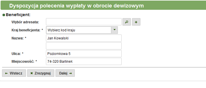 Kolejnym krokiem jest uzupełnienie parametrów beneficjenta (rys 38) Należy uzupełnić pola: Kraj beneficjenta, Nazwa, Ulica, Miejscowość Możliwy jest również wybór adresata z książki adresowej W tym