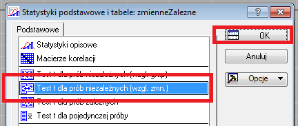 W programie Statistica próby niezale zne mo zemy mieć podane w dwóch zmiennych. W takim przypadku nale zy zastosować inna¾ metod¾e.
