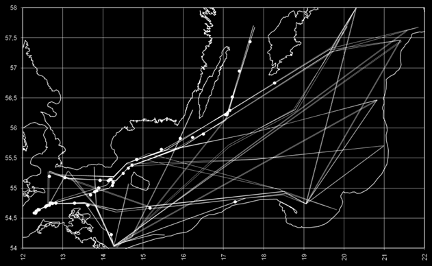 Rys. 8. Pozycje symulowanych kolizji (25 lat obliczeniowych) Bibliografia: [1] Fujii, Y. Yamanouchi, H. & Mizuki, N. Some Factors Affecting the Frequency of Accidents in Marine Traffic.