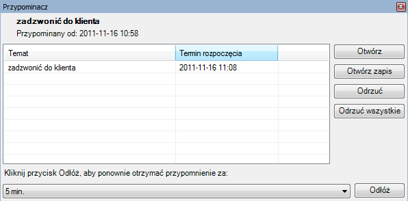 66 Budowa modułu CRM Rys. 51 Okno przypomnienia.