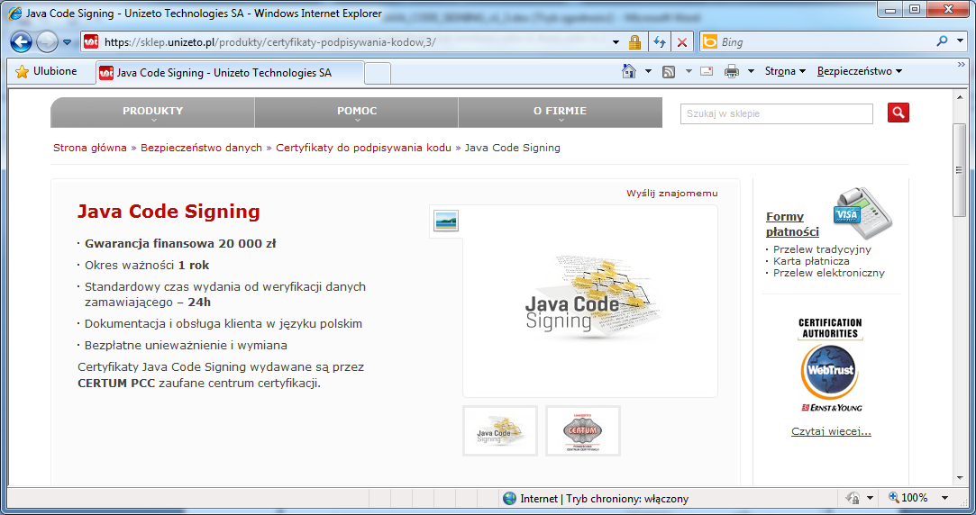 Rysunek 8 - Okno z informacjami o certyfikatach do podpisywania kodu Naciśnij przycisk Zobacz szczegóły znajdujący się na dole opisu certyfikatu Java