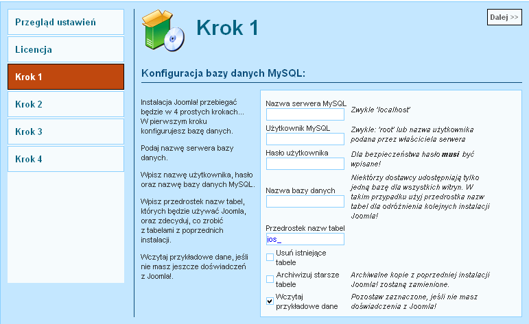 Otwarte zostanie okno konfiguracji bazy danych MySQL (rys. 4), w którym należy wypełnić wskazane pola. Dla początkujących użytkowników zalecane jest wczytanie przykładowych danych do systemu. UWAGA!