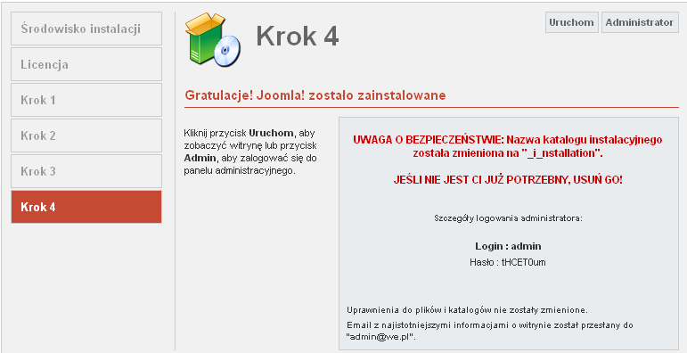 - Usunąć folder instalacyjny o nazwie w formacie *******installation 1, znajdujący się pod adresem: C:\usr\krasnal\www\Moja_joomla Rys. 7. Ostatni krot instalacji systemu CMS.