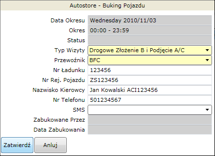 Okno bukowania pojazdów podzielone jest na dwa mniejsze okna: okno u góry ekranu zawiera listę pojazdów zabukowanych w danym okresie, a okno u dołu ekranu kontenery (złożenia/podjęcia) przypisane do