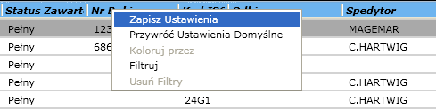 Jeśli nie zostaną wybrane żadne kryteria, na liście pojawią się wszystkie kontenery danego armatora Kolejność kolumn można dowolnie zmieniać, poprzez kliknięcie lewym