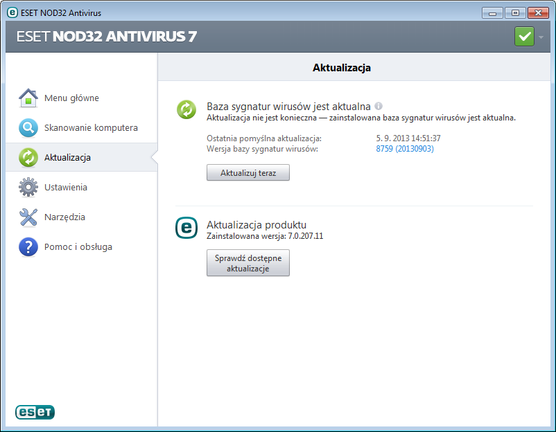W głównym oknie programu ESET NOD32 Antivirus kliknij opcję Aktualizacja w głównym menu po lewej stronie, a następnie kliknij przycisk Aktualizuj teraz. programu. Od razu po zainstalowaniu nowszej aktualizacji program ESET NOD32 Antivirus wyświetli powiadomienie w obszarze paska zadań i w głównym oknie programu.