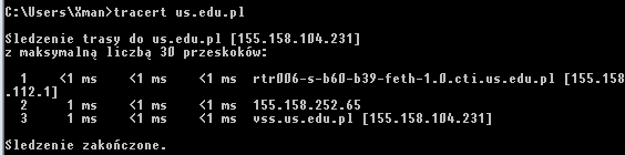 Ćwiczenie 3 jak podróżują pakiety Uruchom wiersz polecenia. W oknie konsoli wpisz polecenie: tracert www.us.edu.