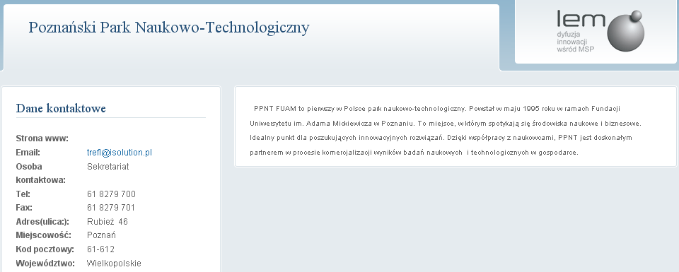 Rysunek 96 Szczegóły przykładowego wyszukanego profilu 7. Wybierz przycisk Powrót. 8. Z listy Akcje dla wybranej pozycji z listy znalezionych profili wybierz akcję Wizytówka.