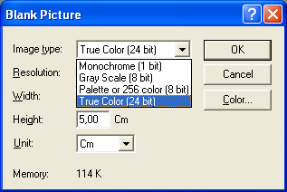 Kolor: 1 bit - czarnobiały, 8 bitów - pseudokolor (256 kolorów), 16 bitów - kolor pełny (32768 kolorów) 24 bity -