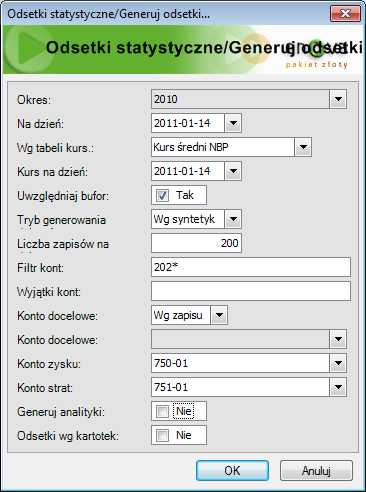 Na formatce odsetki statystyczne należy uzupełnić odpowiednio pola: Na dzień: data wyceny Wg tabeli kurs: tabela kursowa Uwzględniaj bufor: możliwość uwzględniania zapisów w buforze księgowań.