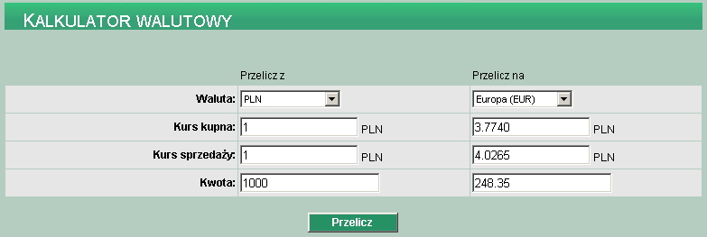 KALKULATOR WALUTOWY Kalkulator walutowy pozwala na przeliczenie jednej wybranej waluty na inną.