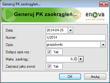 Generuj PK zaokrągleń Generuj PK zaokrągleń - mechanizm umożliwia automatyczne wygenerowanie dokumentu PK z płatnościami rozliczającymi kwoty nierozliczonych rozrachunków (np.