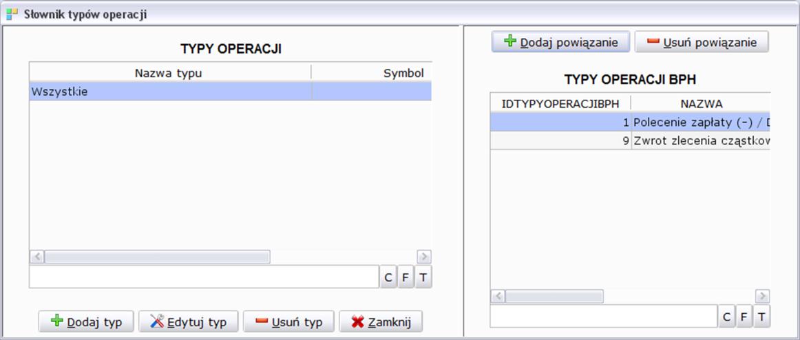 operacji z programu INFOR System, a po prawej stronie lista kodów BPH z możliwością dodania i usunięcia powiązania.