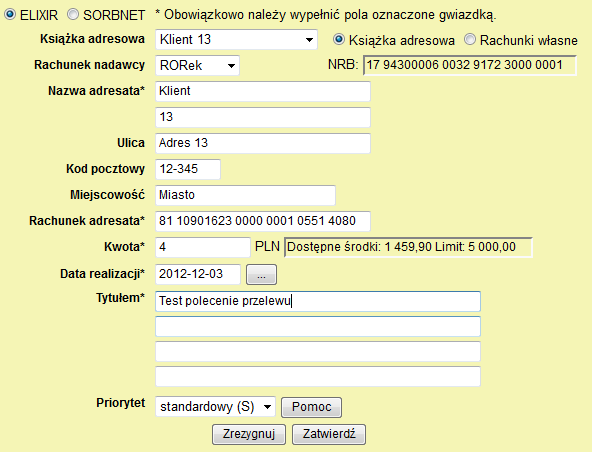 Wprowadzając dane przelewu można wybrać następujące opcje: sposób realizacji przelewu: ELIXIR lub SORBNET, pole Książka adresowa pozwala wybrać adresata przelewu z książki adresowej, pole Rachunek