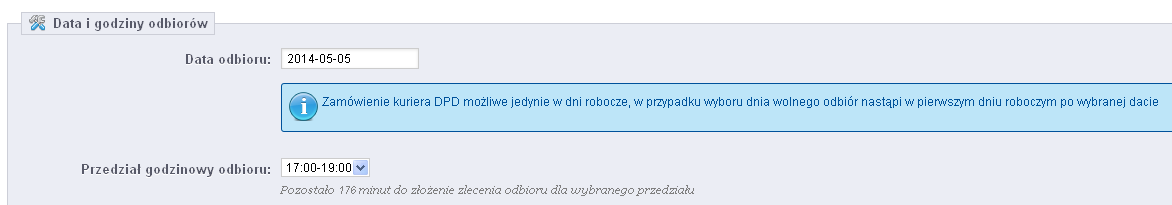 4. Instrukcja użytkownika Zamówienie kuriera Krok 1: Aby zamówić nowy odbiór, kliknij przycisk #Zamów Kuriera DPD w menu głównym na stronie modułu. Na górze strony wyświetlą się dane adresowe nadawcy.