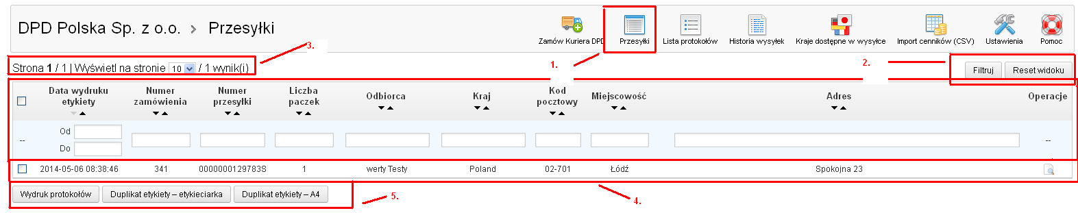 4. Instrukcja użytkownika Krok 5: Aby stworzyć etykietę przewozową wybierz sposób przewozu Sposób dostawy (1) i Numer Klienta DPD (2), lub pozostaw wartości domyślne.