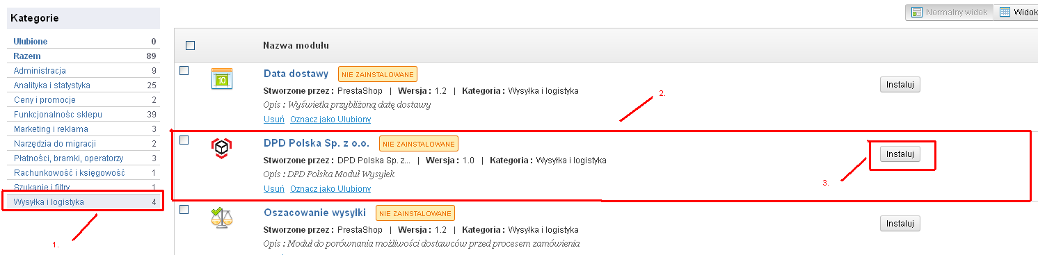 2. Instalacja Krok 1: Zaloguj się do PrestaShop BackOffice, następnie przejdź do zakładki Moduły (1) i kliknij opcję #Moduły (2). Krok 2: Kliknij przycisk #Dodaj nowy moduł (1).