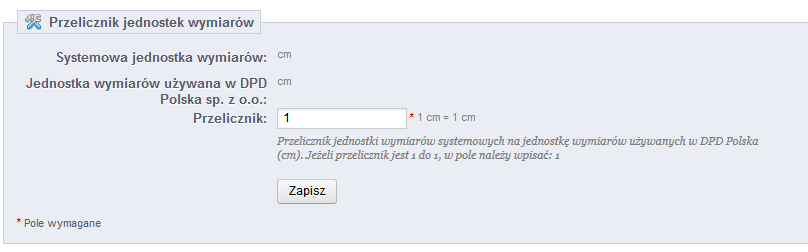 3. Konfiguracja Krok 8: Ustaw przeliczanie jednostek wagi i kliknij #Zapisz. Przelicznik jeżeli domyślna jednostka wagi różni się od jednostek wagi DPD, wprowadź przelicznik.