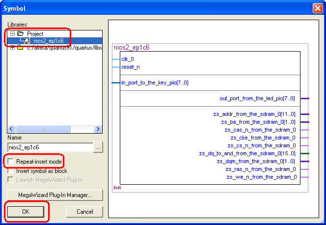 3. Dołączenie procesora Nios II do projektu w systemie Quartus II W zakładce edytora schematu naciskamy symbol bramki (Symbol Tool) w celu otwarcia okna z listą