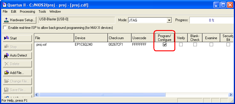 Konfigurujemy układ EP1C6 poprzez Tools Programmer, Pojawia się okno programatora, w którym ustawiamy aktywna opcję