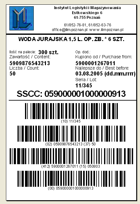 Na kolejnej ilustracji (rys. 4) przedstawiona jest przykładowa etykieta logistyczna sygnowana unikalnym numerem SSCC.