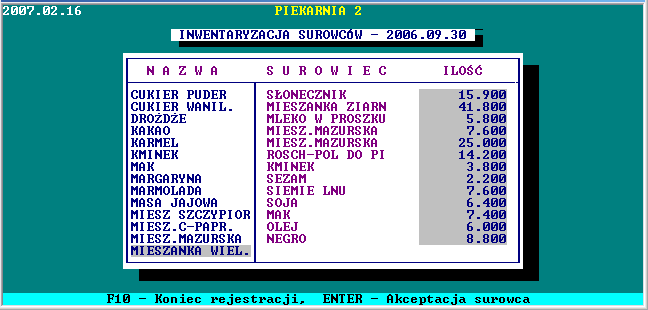 robu na inwentaryzacji. Klawisz F10 kończy rejestrację. 1.4 Stan remanentowy surowców Stan remanentowy surowców rejestruje się analogicznie jak stan wyrobów gotowych.