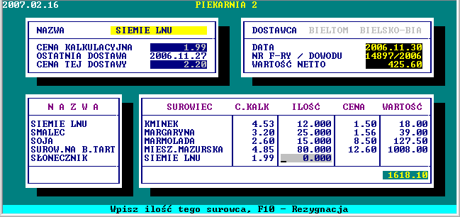 z innymi Systemami. WARTOŚĆ NETTO - w tym polu rejestrujemy wartość netto rejestrowanej operacji. Następnie z lewej strony ekranu wyświetlona zostanie lista surowców.