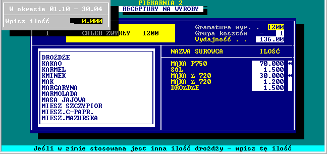 nych w recepturze. Przystępujemy do wpisywania surowców. Typowanie surowców do rejestracji odbywa się przy pomocy klawiszy kierunkowych i klawisza Enter.