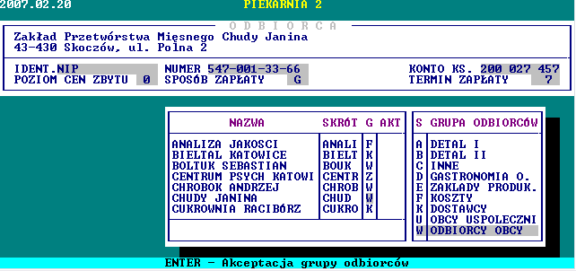 akceptacja lub korekta danych DOSTAWCY i przejście do listy odbiorców. Dane o dostawcy muszą być bezwzględnie zarejestrowane, ponieważ nie będzie możliwe fakturowanie.