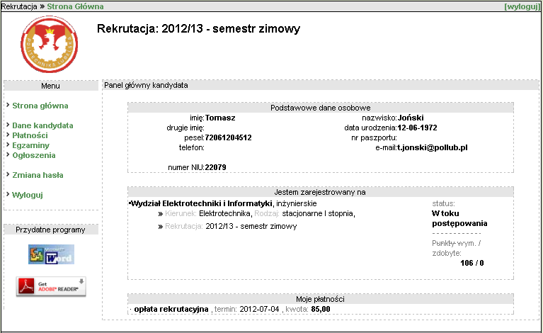 11 a) Po przejściu wszystkich okien systemu elektronicznej rejestracji kandydata należy zapamiętać otrzymany numer NIU oraz hasło, którymi będziesz się posługiwać, aby otrzymać informację dotyczącą