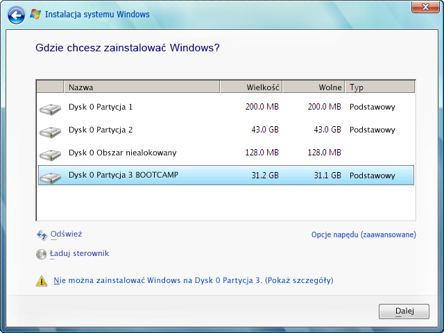 5 Kliknij w Opcje napędu (zaawansowane). 6 Kliknij w Formatuj, a następnie kliknij w OK. 7 Kliknij w Dalej. Partycja dla systemu Windows zostanie sformatowana przy użyciu systemu plików NTFS.