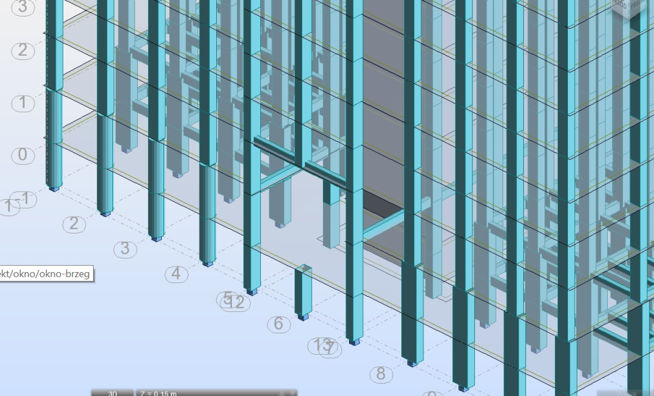 Model koncepcyjny budynku wykonany w programie Revit podlegał pełnej weryfikacji konstrukcyjnej w programie Robot Structural Analysis, poprzez narzucenie parametrów wytrzymałościowych materiałów dla