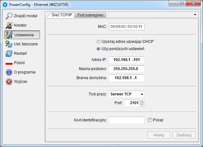 4.4 KROK 3 Ustawienia sieci TCP/IP. Z menu z lewej strony okna programu PowerConfig wcisnąć przycisk Ustawienia. W prawej części pojawi się okno w którym z zakładki górnej należy wybrać Sieć TCP/IP.