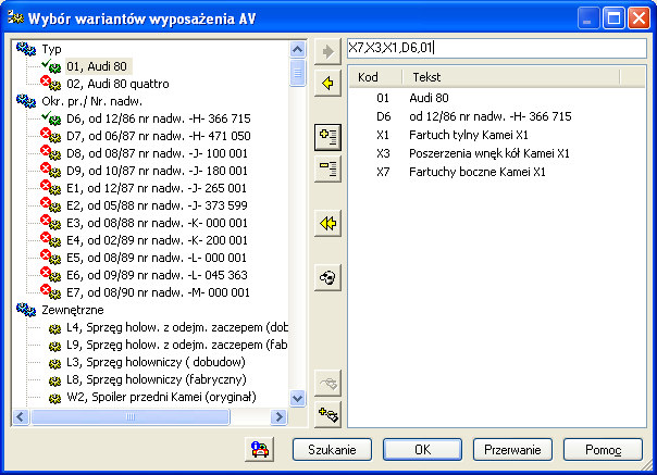 zostało to zdefiniowane przy użyciu programu AudaVin, użytkownik może zdefiniować typ oraz wyposażenie pojazdu Rysunek 4.12.