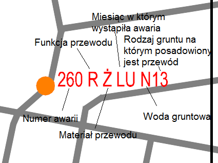 178 M. Iwanek i inni Rys. 10. Fragment planu ogólnego siatki ulic z inwentaryzacją awarii; 2/3 nr strefy/liczba awarii w strefie Fig. 10. Fragment of a general plan for the street grid with the inventory of the accident; 2/3 no area/number of failures in the area Rys.