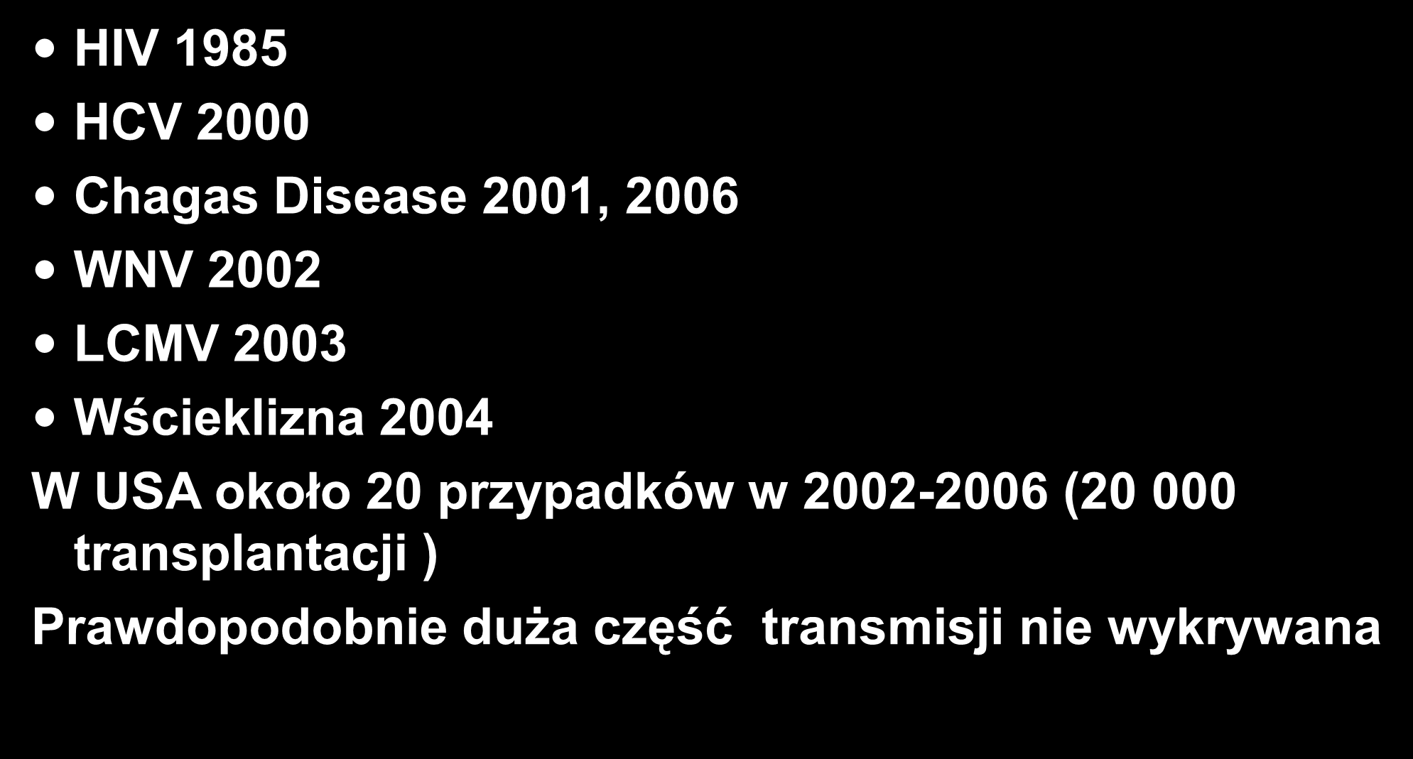 Znane transmisje zakażeń HIV 1985 HCV 2000 Chagas Disease 2001, 2006 WNV 2002 LCMV 2003 Wścieklizna 2004 W