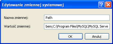 Następnie należy do zmiennej systemowej path dodać następującą ścieżkę: C:\Program Files\MySQL\MySQL Server 5.