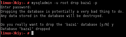 Wyświetlenie wersji demona MySQL: mysqladmin u root version p Wyświetlenie aktualnego statusu serwera: mysqladmin u root status p Przeładowanie tablic uprawnień (po dodaniu/usunięciu użytkownika lub