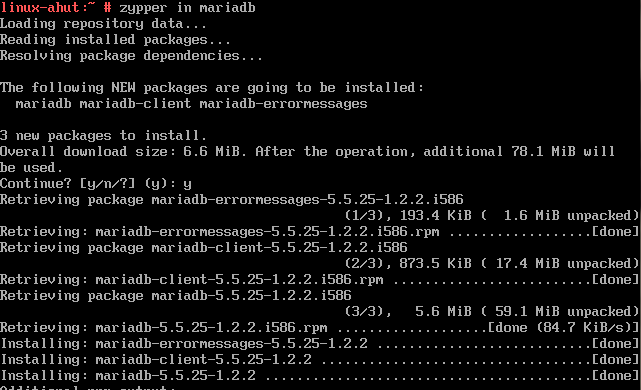 sprawdzenie poprawności instalacji: zypper se mysql Server MySQL został zainstalowany. Instalacja MariaDB.
