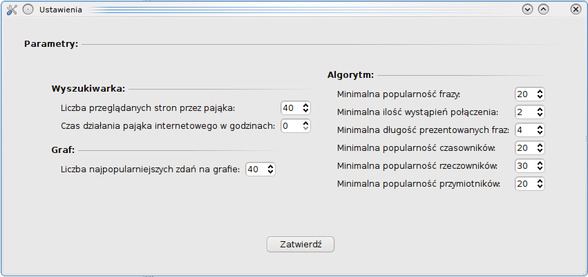 4.4. PREZENTACJA INTERFEJSU UŻYTKOWNIKA. 4.4.3. Definiowanie parametrów wykorzystywanych przez algorytm. Menu Wyszukiwarka zawiera opcję Parametry.