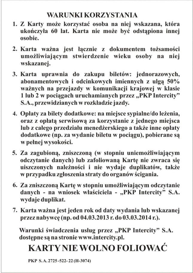 WZÓR KARTY SENIORA PKP Intercity S.