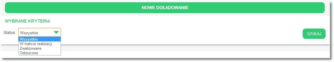 Data wykonania - data wykonania doładowania, Status - status doładowania, Zleceniodawca - dane zleceniodawcy.