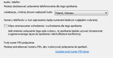 Dostosowanie opcji głosu Aby dostosować opcje związane z obsługą głosu podczas spotkania, kliknij zakładkę Audio i telefon w oknie opcji spotkania: Wybierz lokalizację, z której będzie dzwoniło