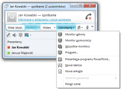 Udostępnianie swojego pulpitu Po zalogowaniu do spotkania możesz udostępnić swój pulpit, wybraną aplikację,