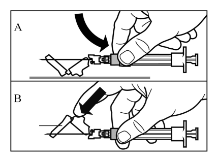 Krok 9 Uruchomić nakładkę ochronną igły, stosując jedną z 2 następujących metod: - docisnąć składaną część osłonki do twardej powierzchni (rysunek A) - lub przycisnąć składaną część osłonki palcem